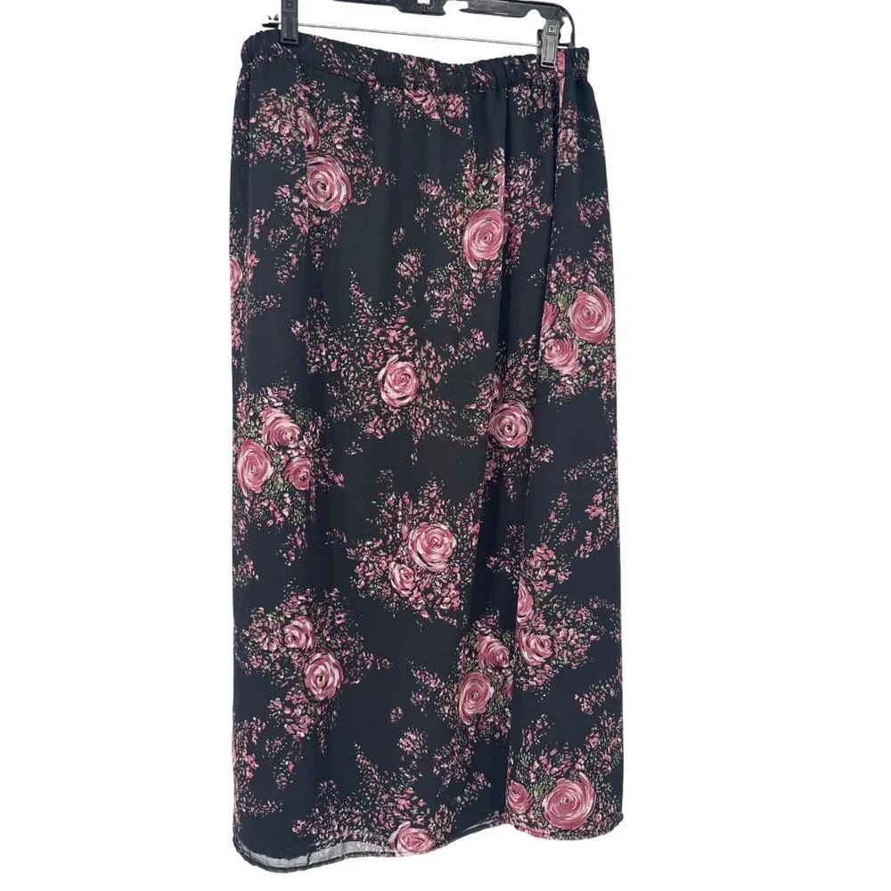 C.M. Shapes Womens Floral Midi reversible Skirt Size 18/20 Black Elastic Waist